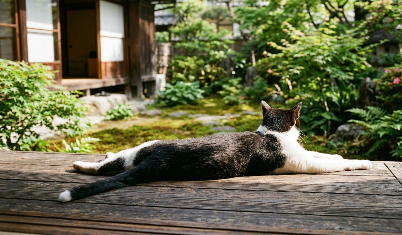 国産天然木の猫家具に満足そうにくつろぐ猫のイメージ