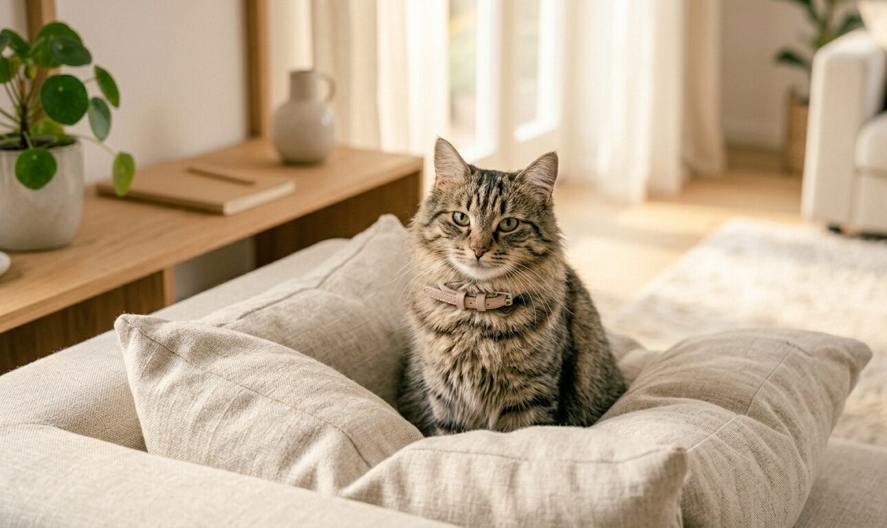 猫の首輪にCatlogデバイスをつけて健康を記録するイメージ