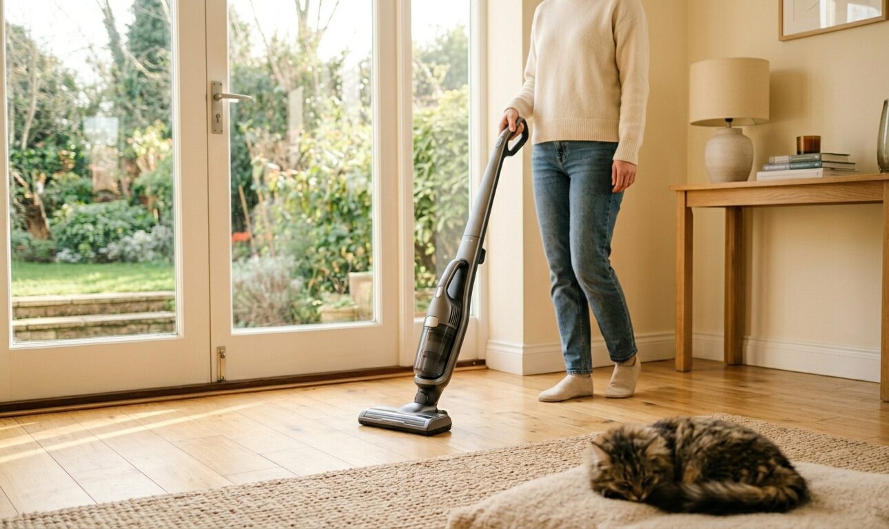 シャークニンジャのコードレス掃除機で猫の毛を吸い取るイメージ