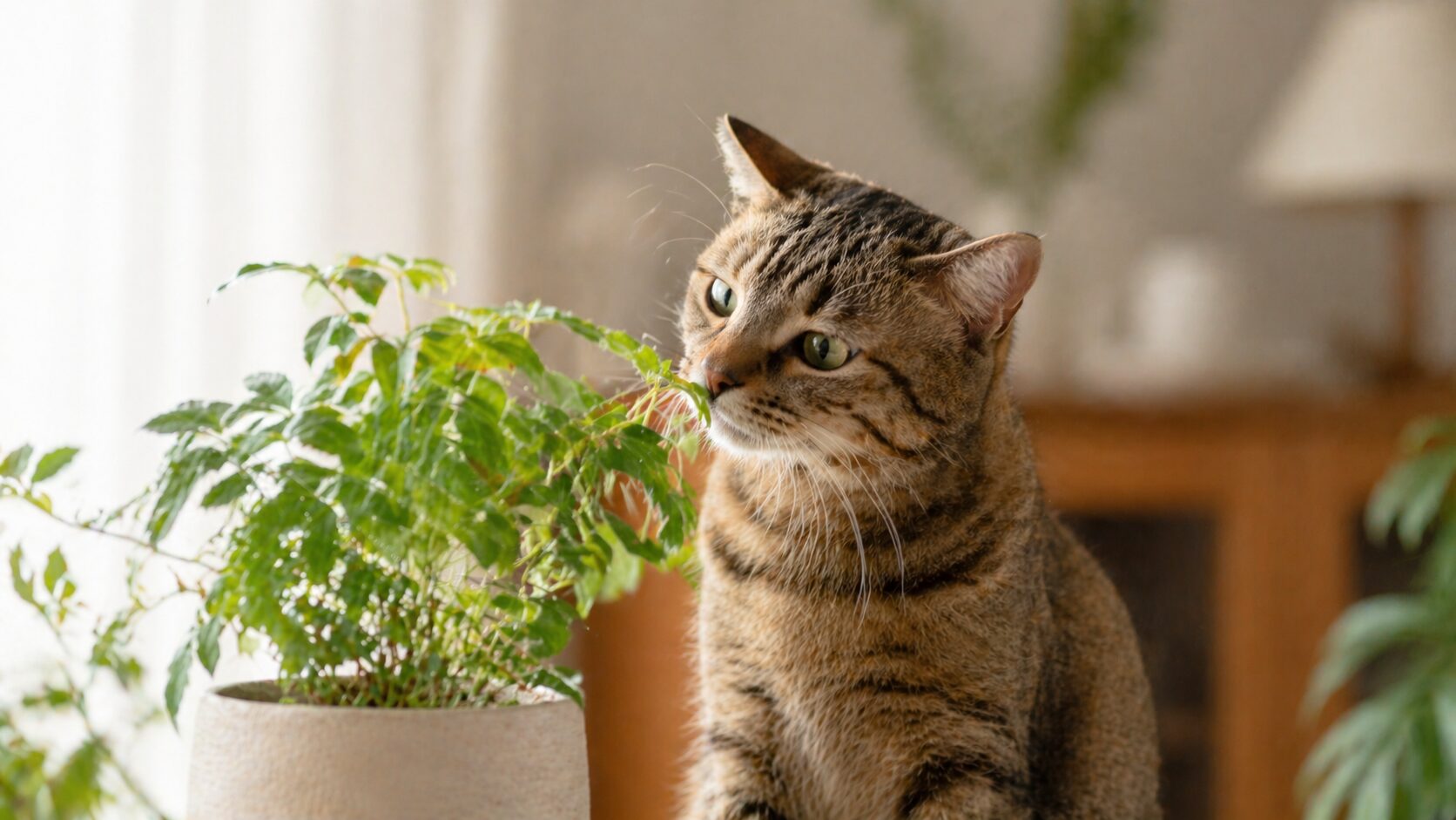 猫に安全な植物と危険な植物を分けて紹介するイメージ