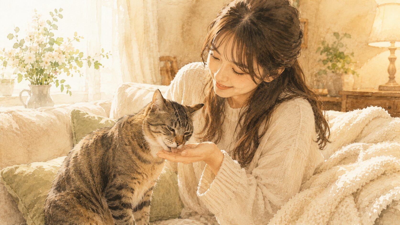 猫が飼い主の手を舐めるシーンとスキンケアを諦める飼い主のイメージ