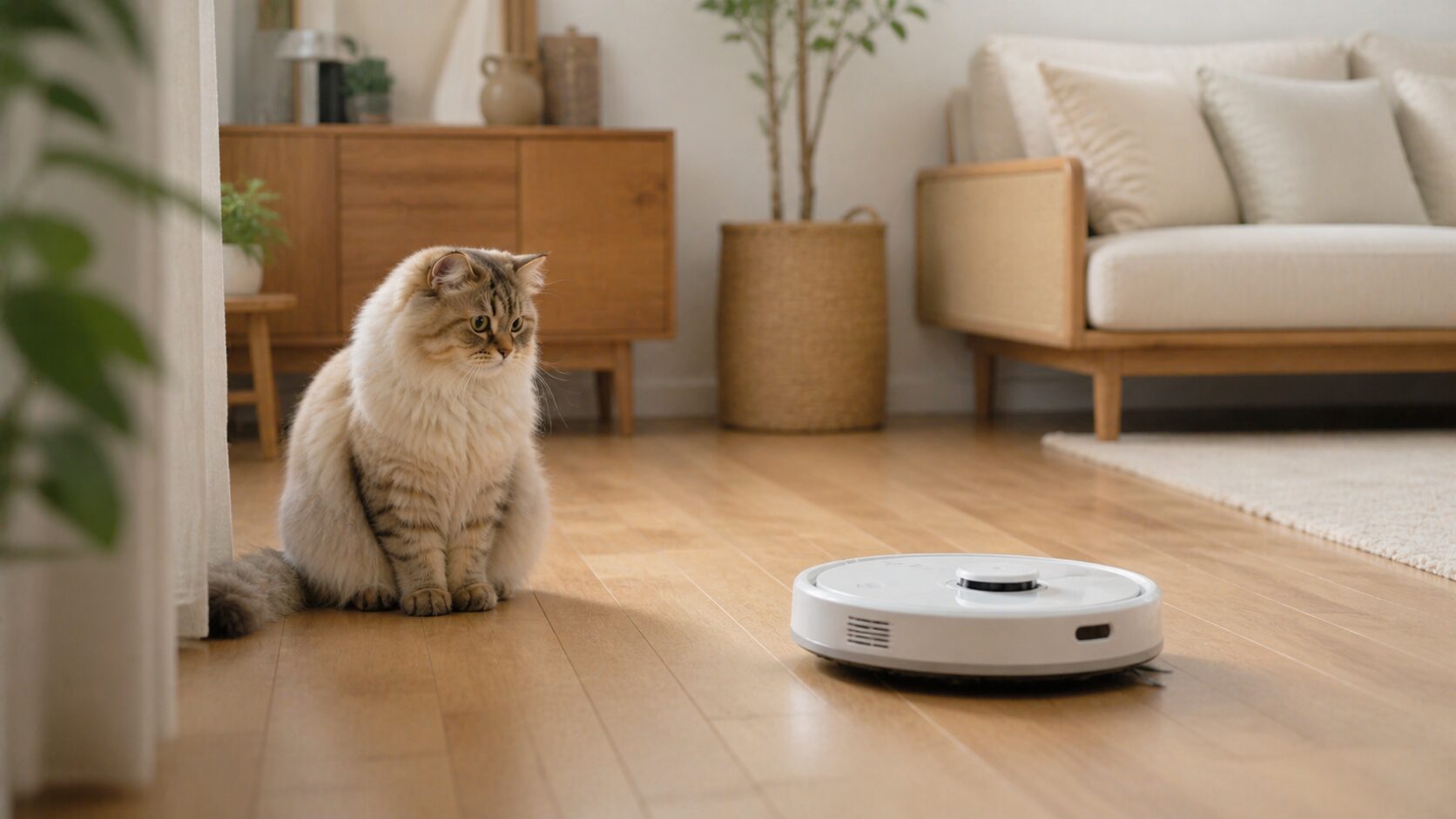 猫の抜け毛が広がる部屋とロボット掃除機のイメージ