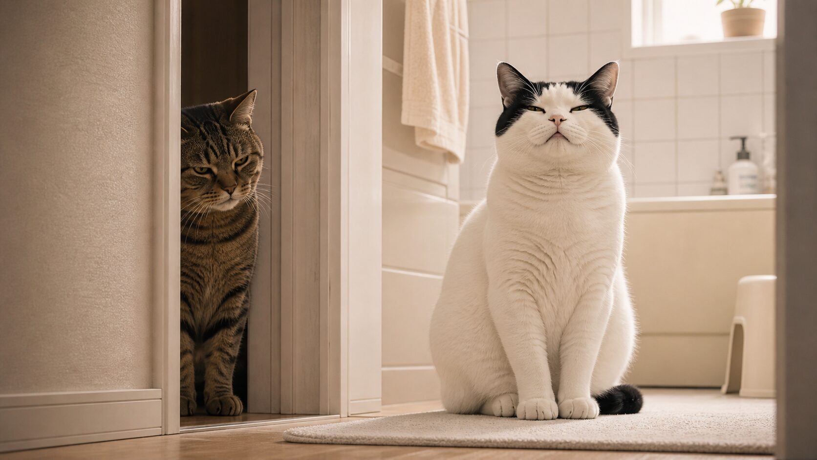 お風呂場をのぞく白猫ボスとしぶしぶついてくる茶猫お嬢