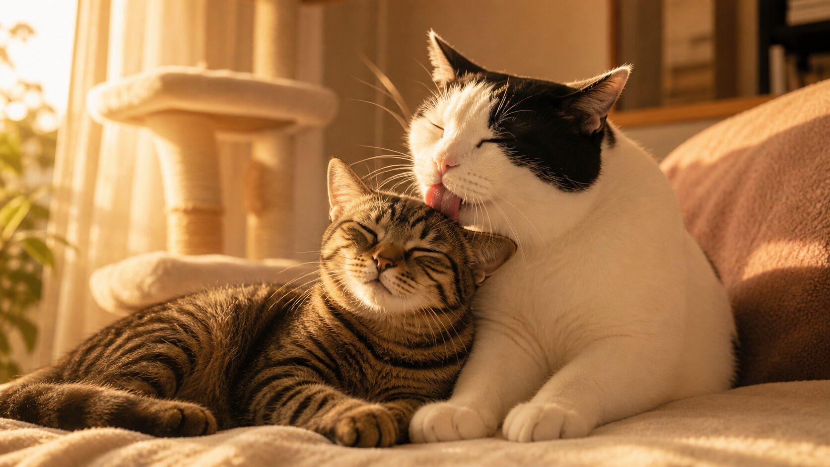 ごはんを仲良く待つ白猫ボスと茶猫お嬢